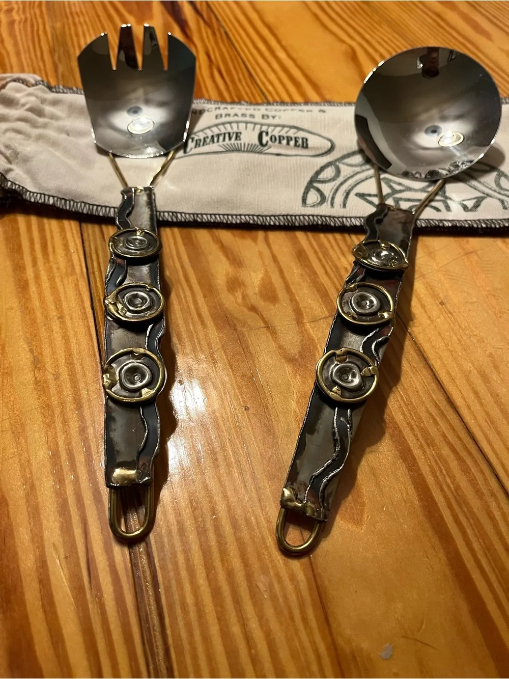 Creative Cooper Handmade Copper and Brass Spoon & Fork Serving Deco Set OOAK